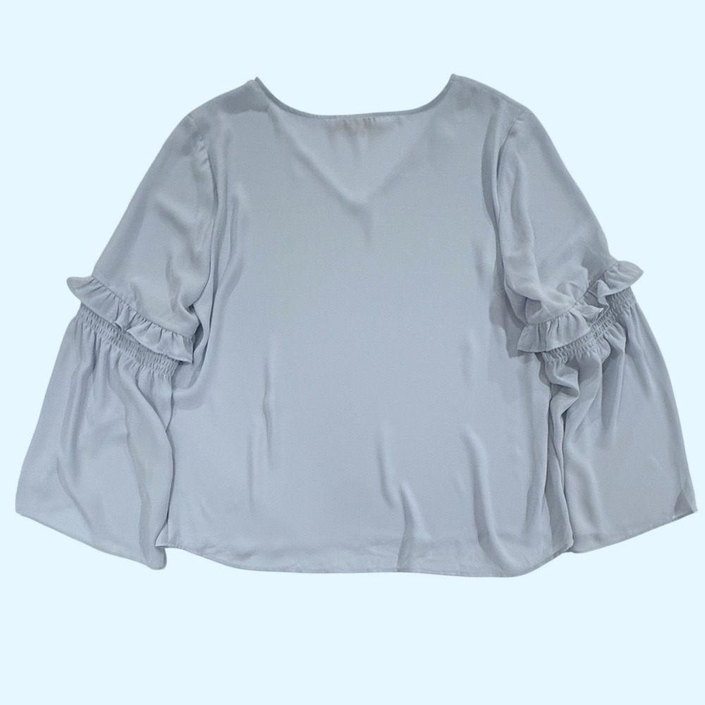 LOFT Light Blue V-Neck Ruffle Bell Sleeve Blouse Top Womens Large L w526 - Picture 4 of 7